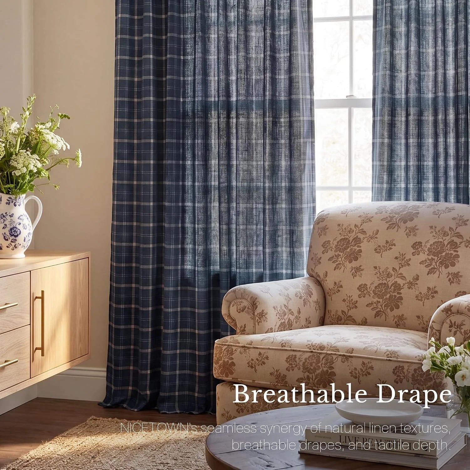 Navy plaid semi sheer linen curtains filtering light in a cozy traditional living room