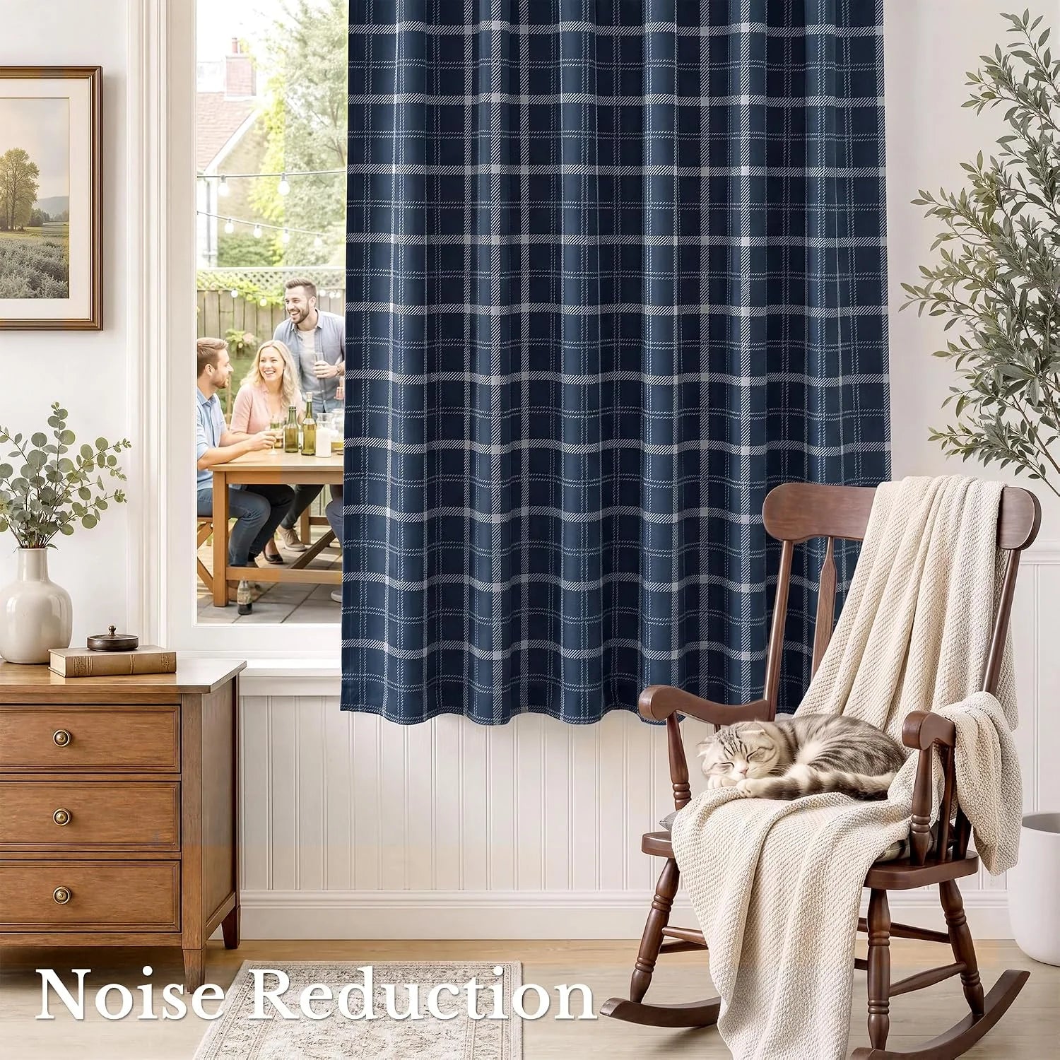 Navy plaid noise-reducing curtain beside a cozy rocking chair in a bright room