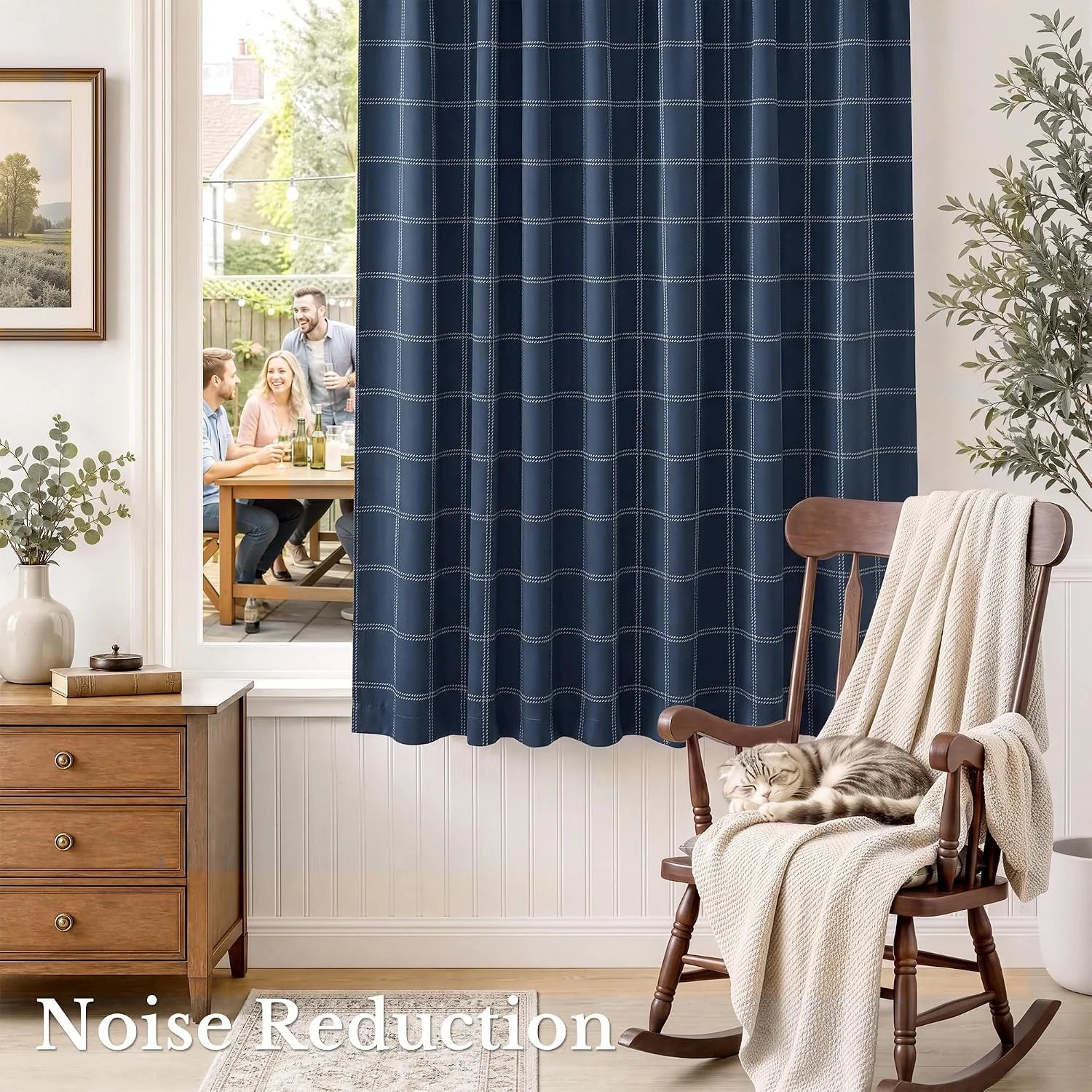 Navy plaid noise-reducing curtain in a cozy living room beside a rocking chair