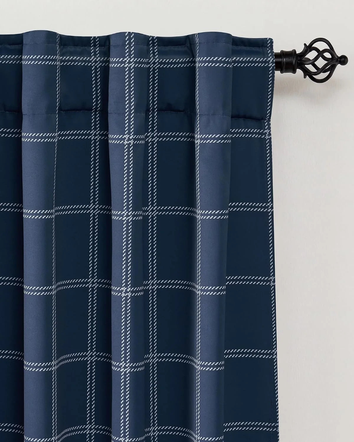 Navy plaid curtain panel with white windowpane pattern and rod pocket top