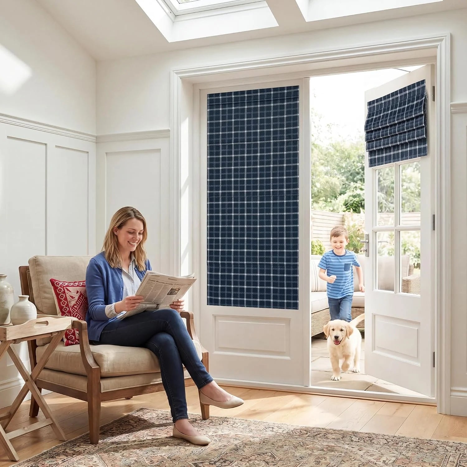 Navy plaid Roman shade on a glass patio door in a bright modern sitting room