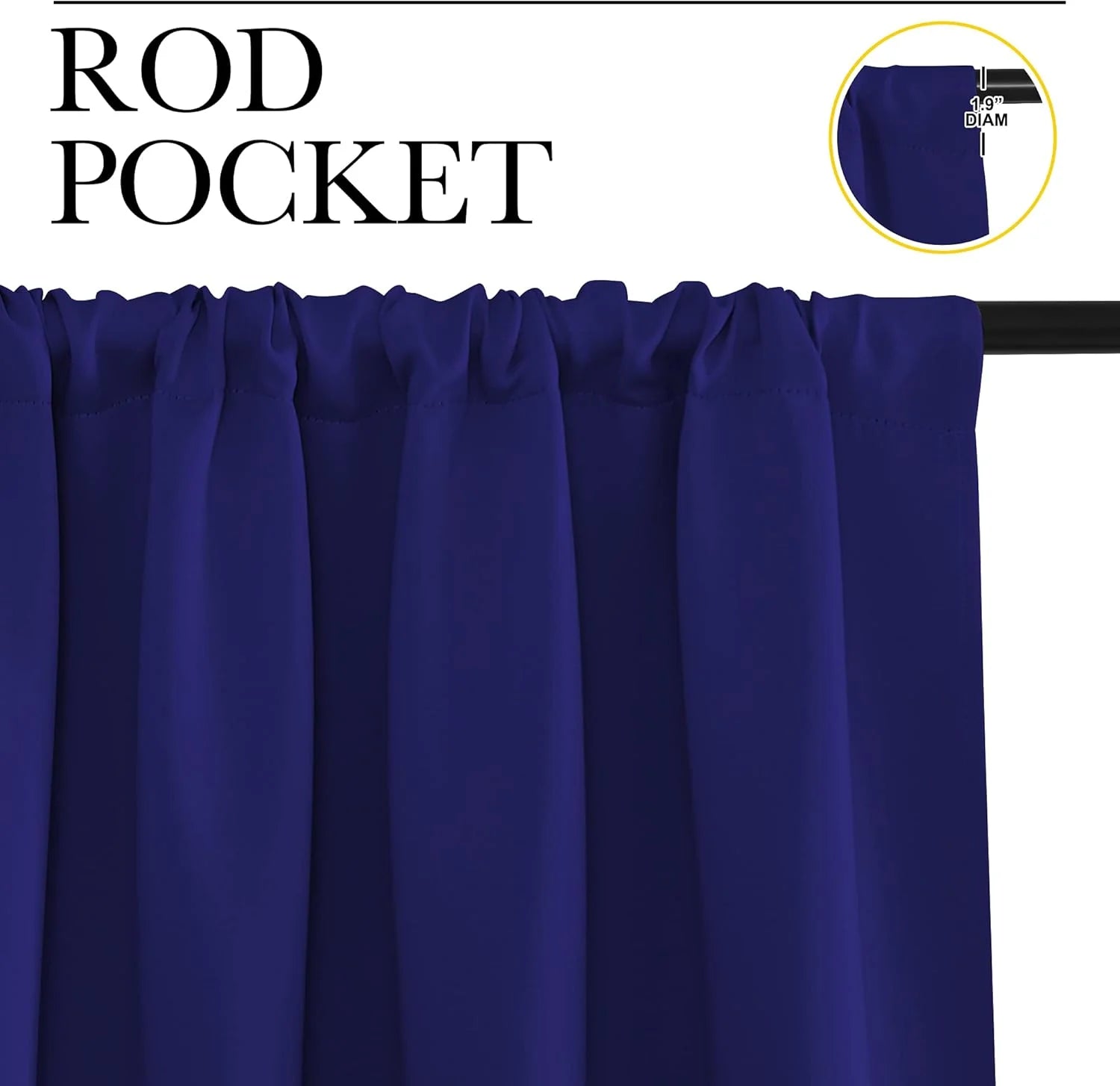 Close-up of deep navy blue rod pocket curtain hanging on black rod