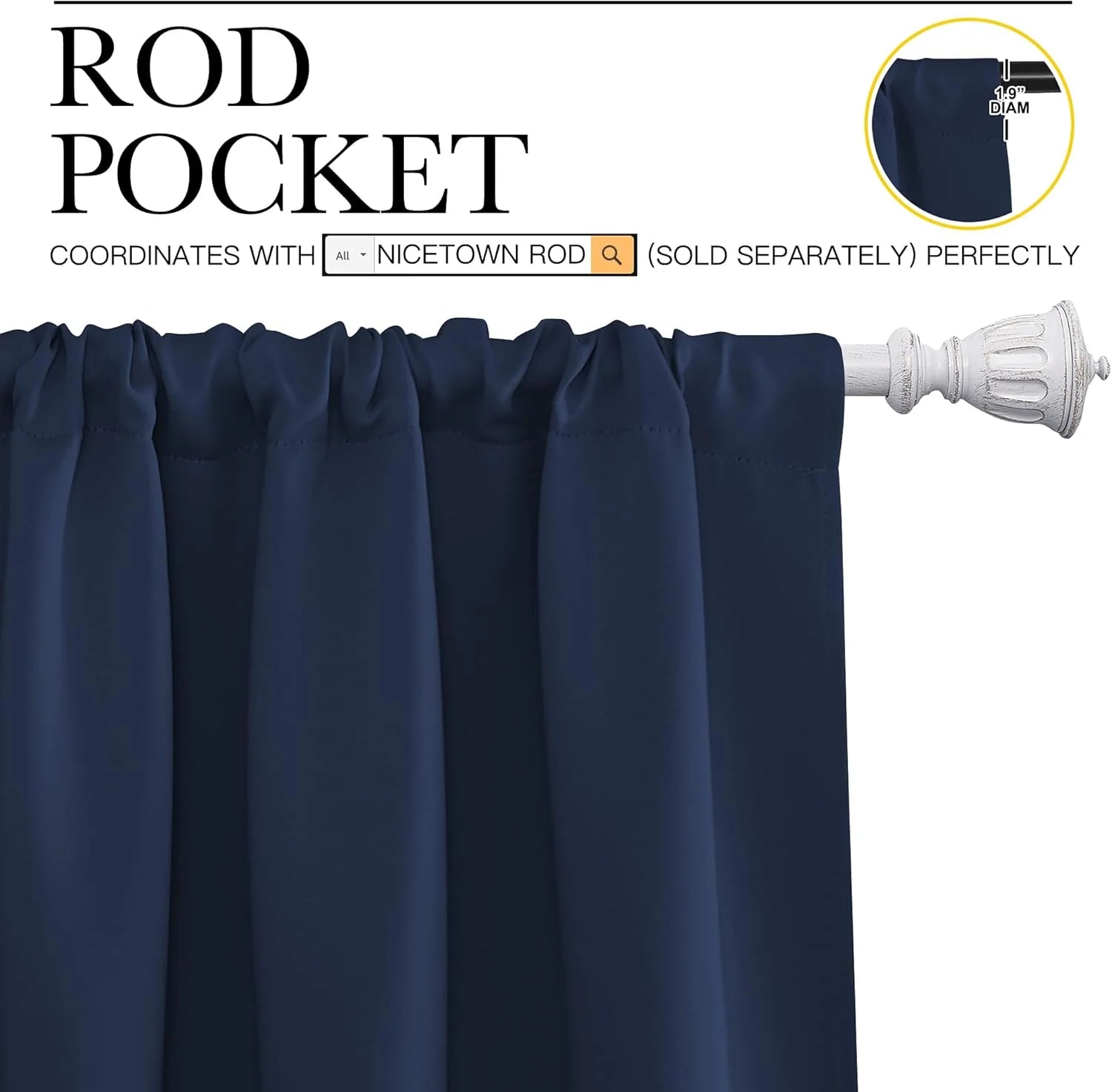Close-up of navy blue rod pocket curtain on a white decorative rod, showing 1.9 inch diameter compatibility.