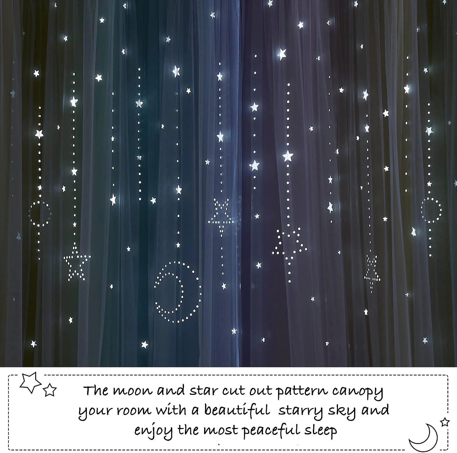 Navy sheer canopy curtain with glowing moon and star cutout pattern