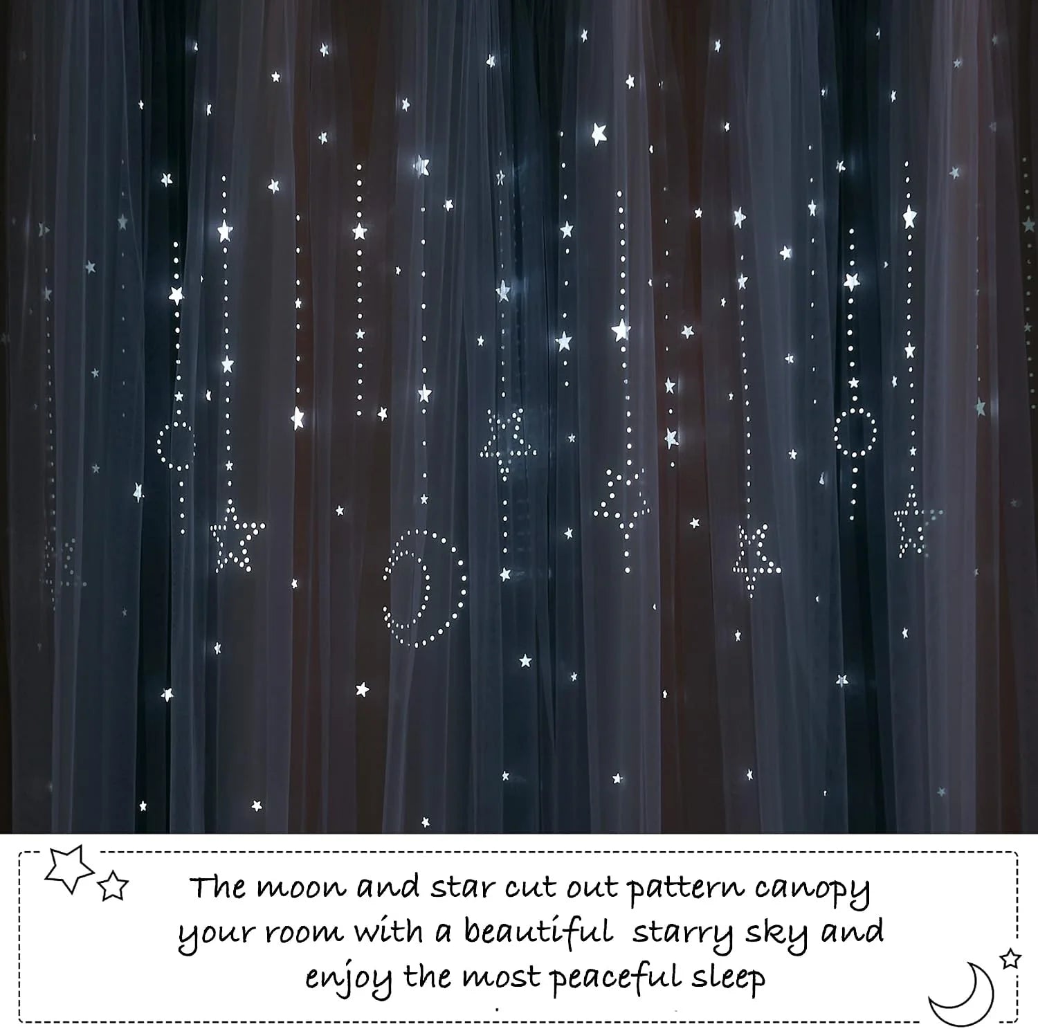 Dark navy sheer curtain with glowing moon and star cutout pattern