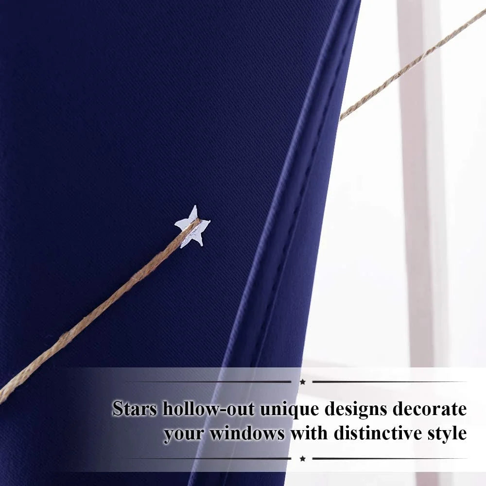Close-up of navy blackout curtain with star cutout detail and rope tieback