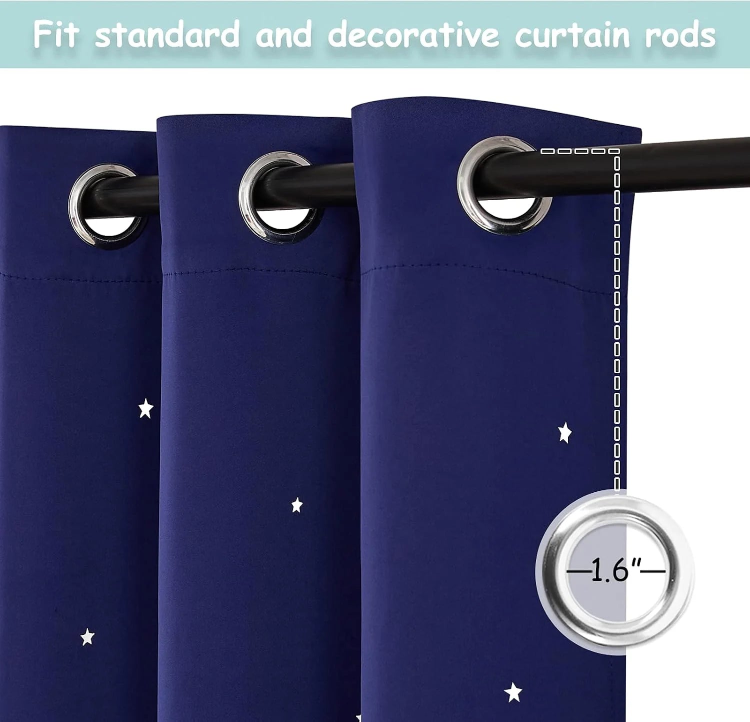 Navy star-print blackout curtain panel with silver grommets on a black curtain rod