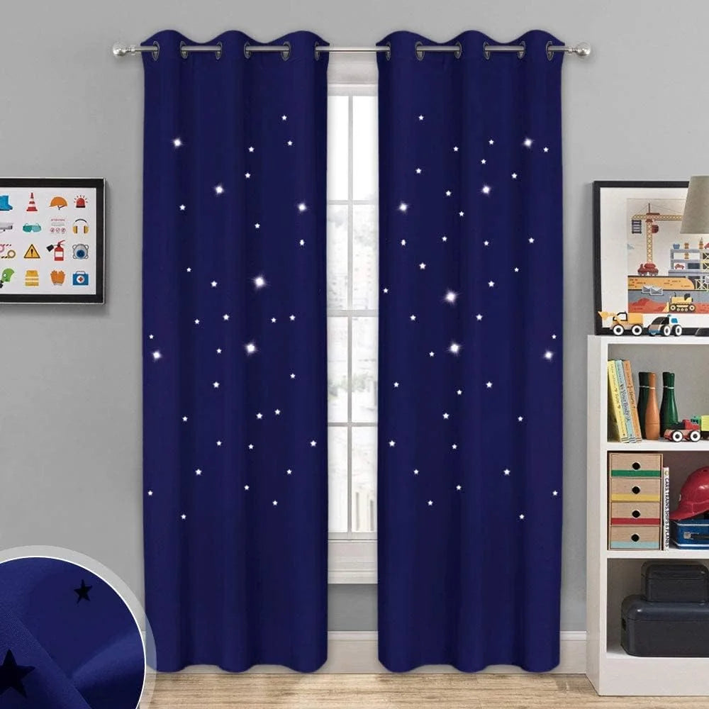 Navy blue star-pattern grommet curtains hanging in a modern kids bedroom window