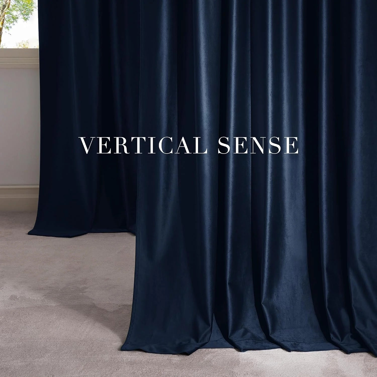 Dark navy velvet blackout curtains with soft sheen and elegant floor-length folds