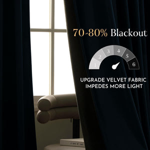 Dark navy velvet blackout curtains demonstrating 70-80% light blockage over a bright window.
