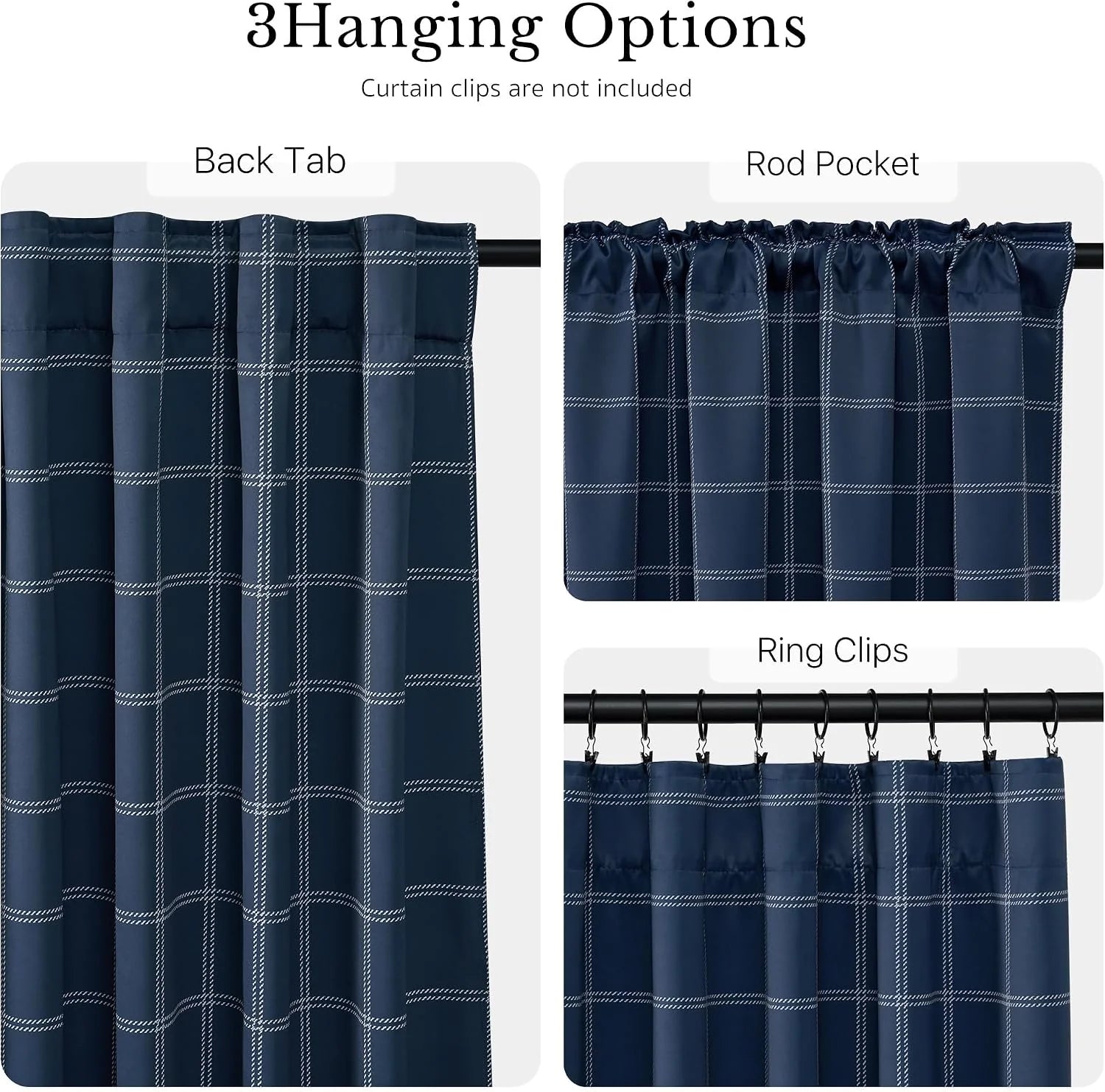 Navy windowpane curtain panel showing back tab, rod pocket, and ring clip hanging styles