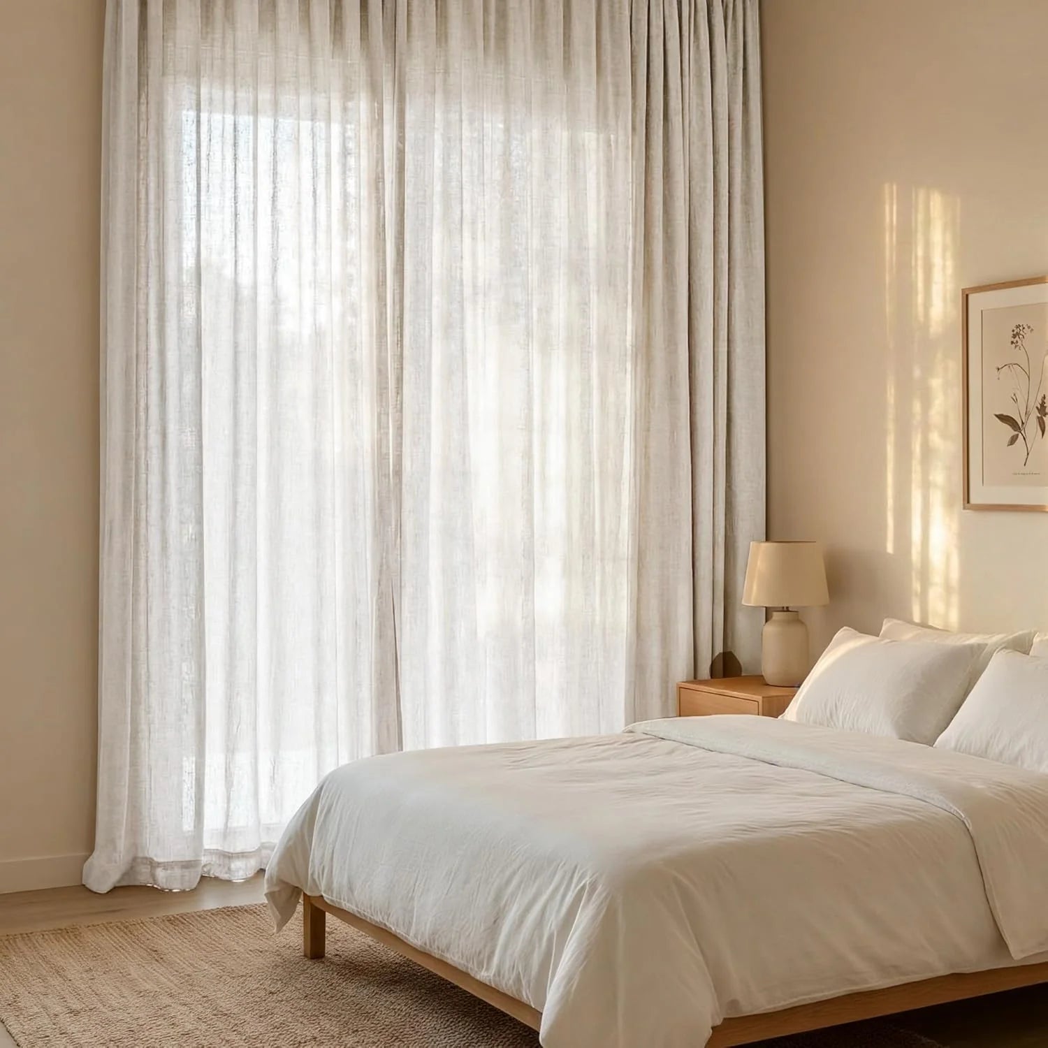 Neutral bedroom with sheer linen curtains covering a large window and a bed with white bedding
