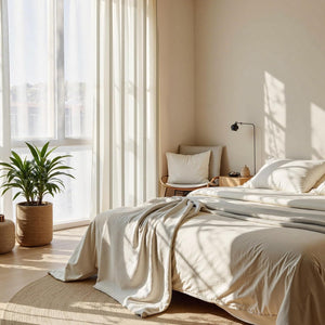 Beige duvet cover and textured cream throw blanket on bed in a bright, minimalist bedroom setting.