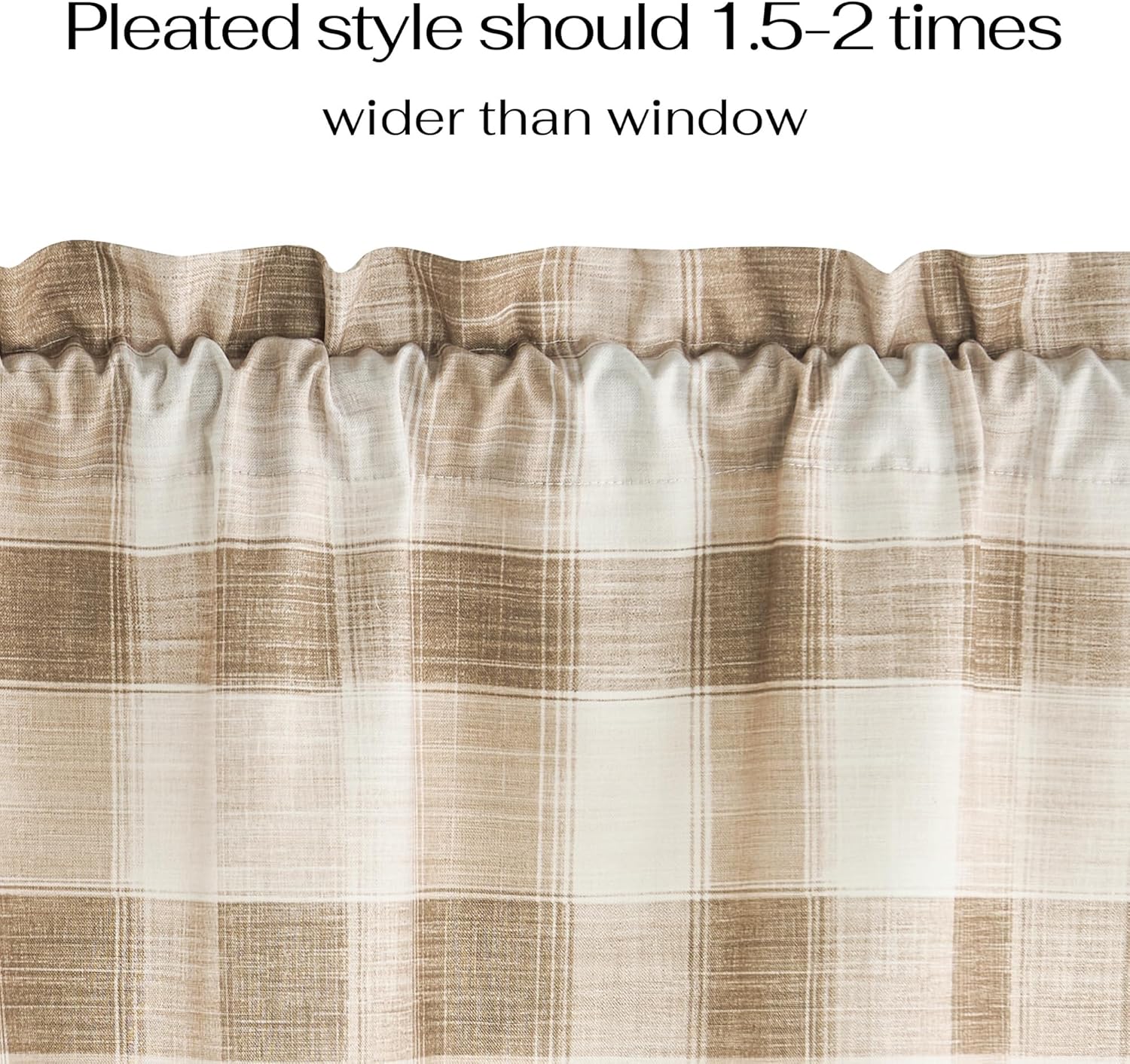 Close-up of neutral beige and off-white plaid curtain with a gathered top, showing textured fabric.