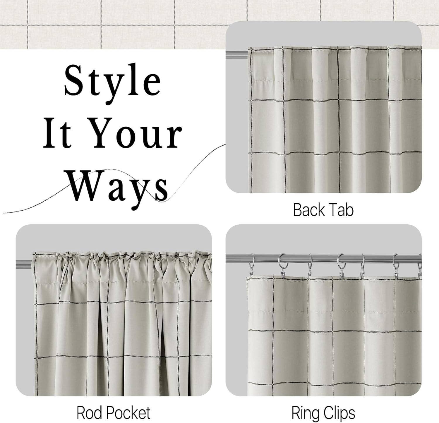 Neutral grid pattern curtains demonstrating versatile hanging options: back tab, rod pocket, ring clips.
