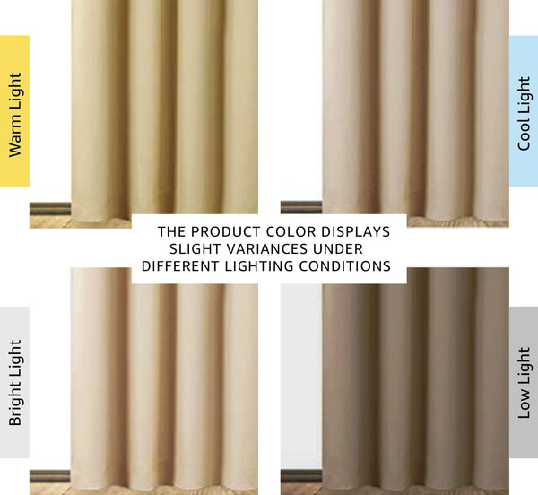 Neutral beige pleated curtain demonstrating color variation under warm, cool, bright, and low lighting.