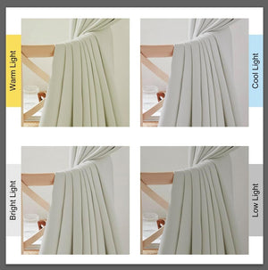 Neutral textured curtain fabric shown under warm, cool, bright, and low lighting conditions.