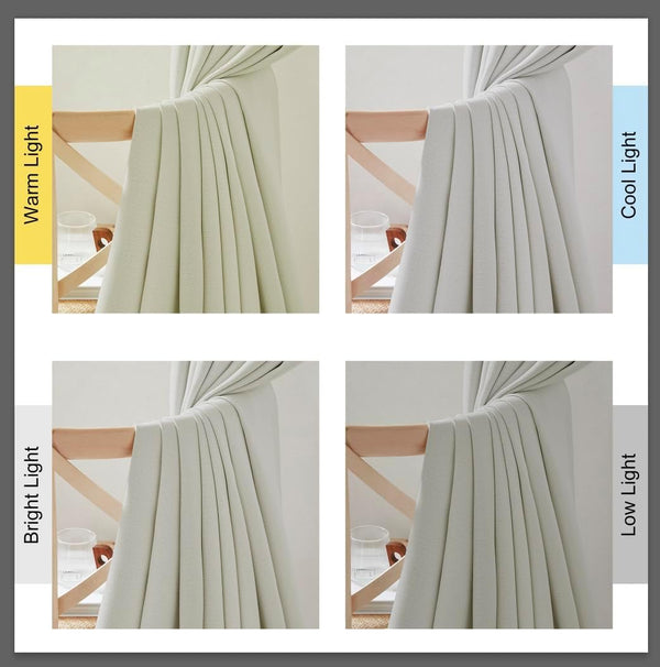 Neutral textured curtain fabric shown under warm, cool, bright, and low lighting conditions.