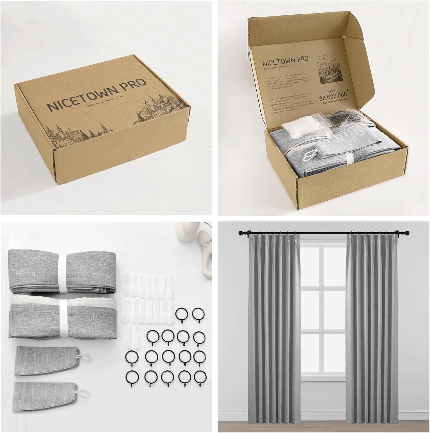 Linen-look light grey pleated curtains with rings, hooks, and tie-backs, ready to install.