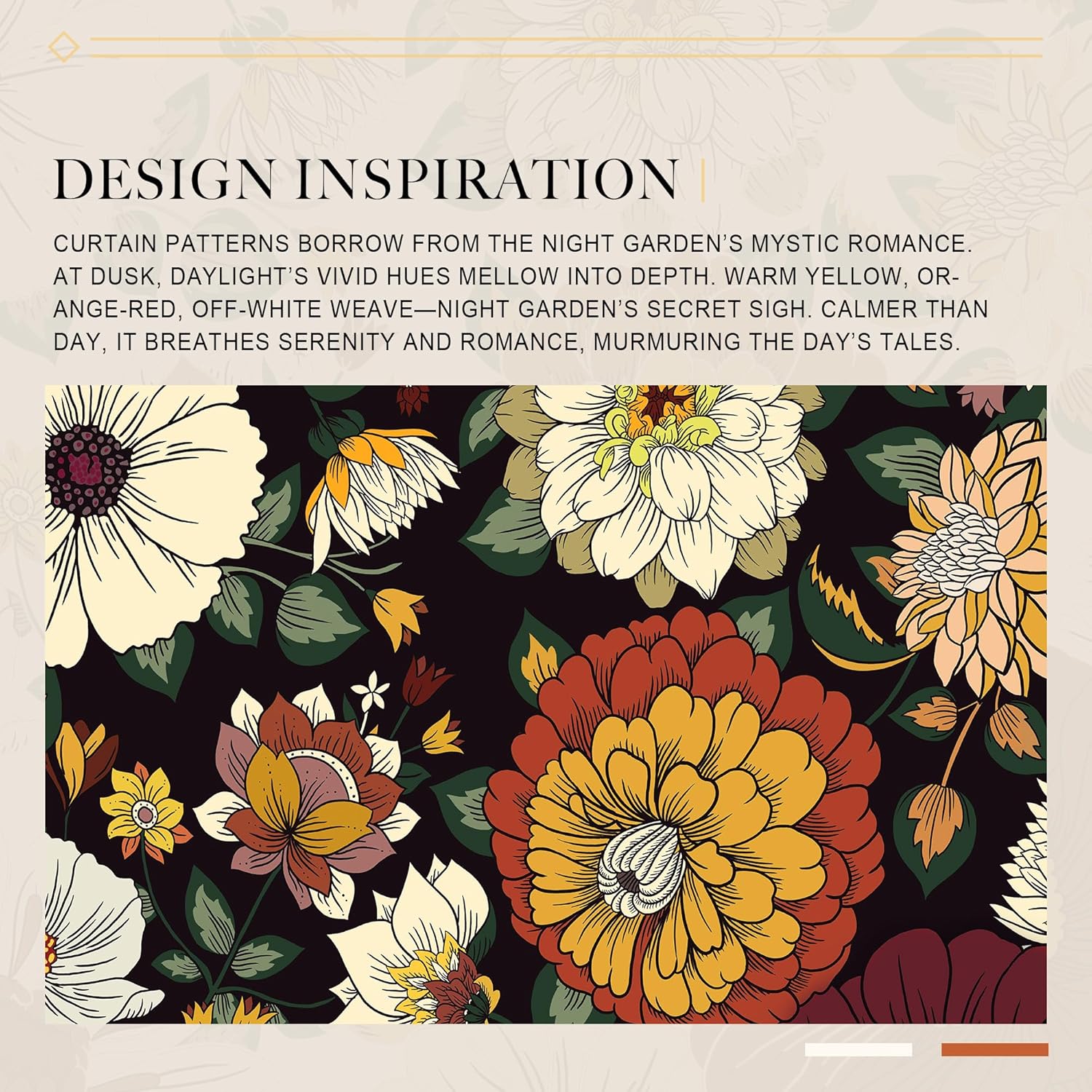Dark floral pattern with stylized flowers in warm yellow, orange-red, cream, and green leaves.