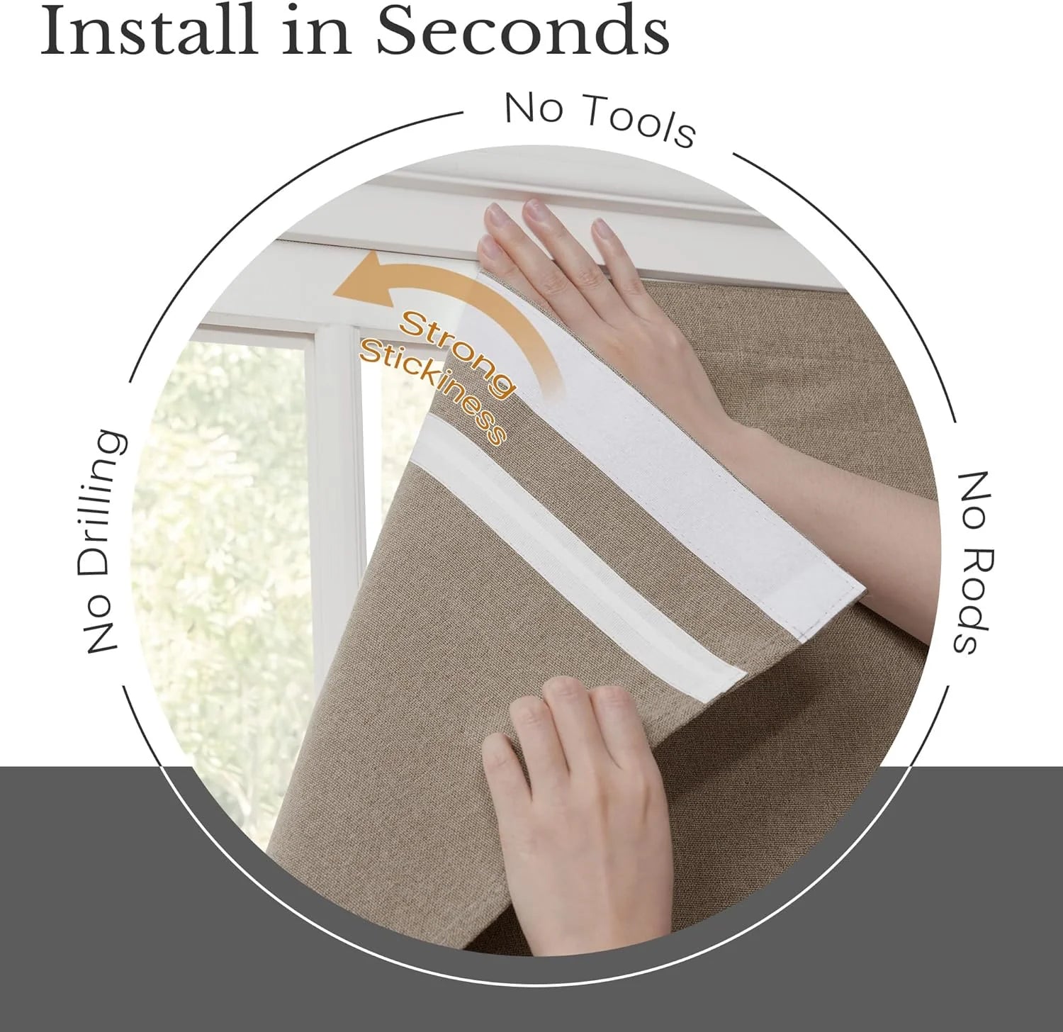 A pair of hands installs a beige fabric no-drill window shade with a strong adhesive strip onto a window frame.