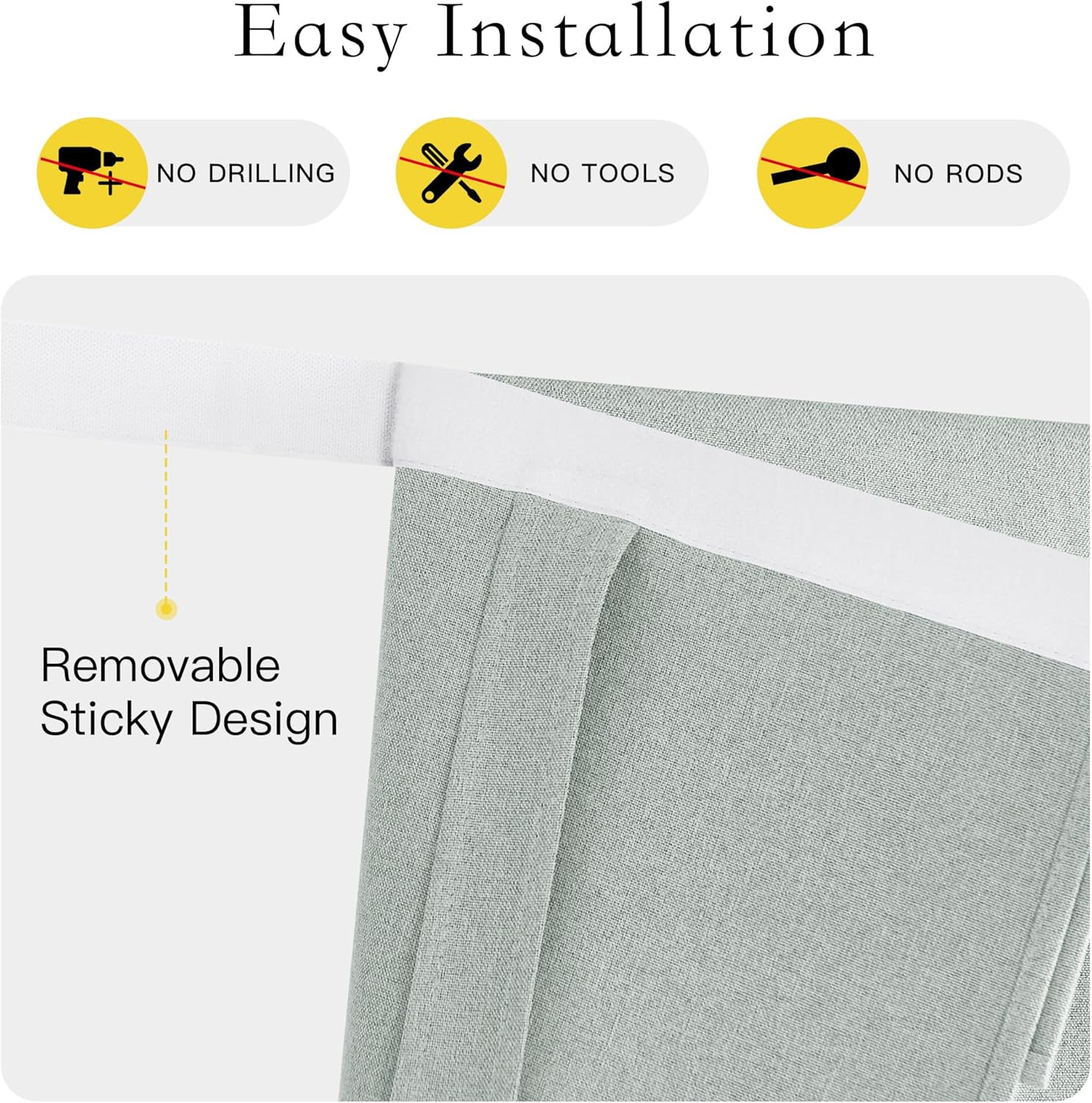 Light green textured fabric curtain with white sticky top, showing easy no-drill installation.