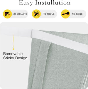 Light green textured fabric curtain with white sticky top, showing easy no-drill installation.