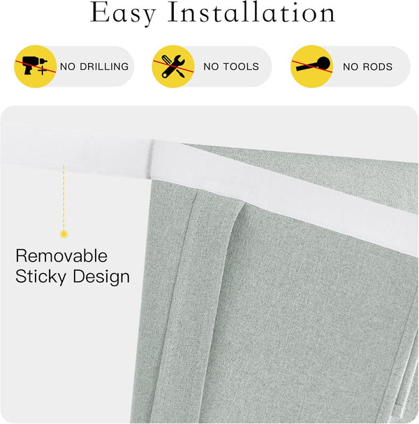 Light green textured fabric curtain with white sticky top, showing easy no-drill installation.