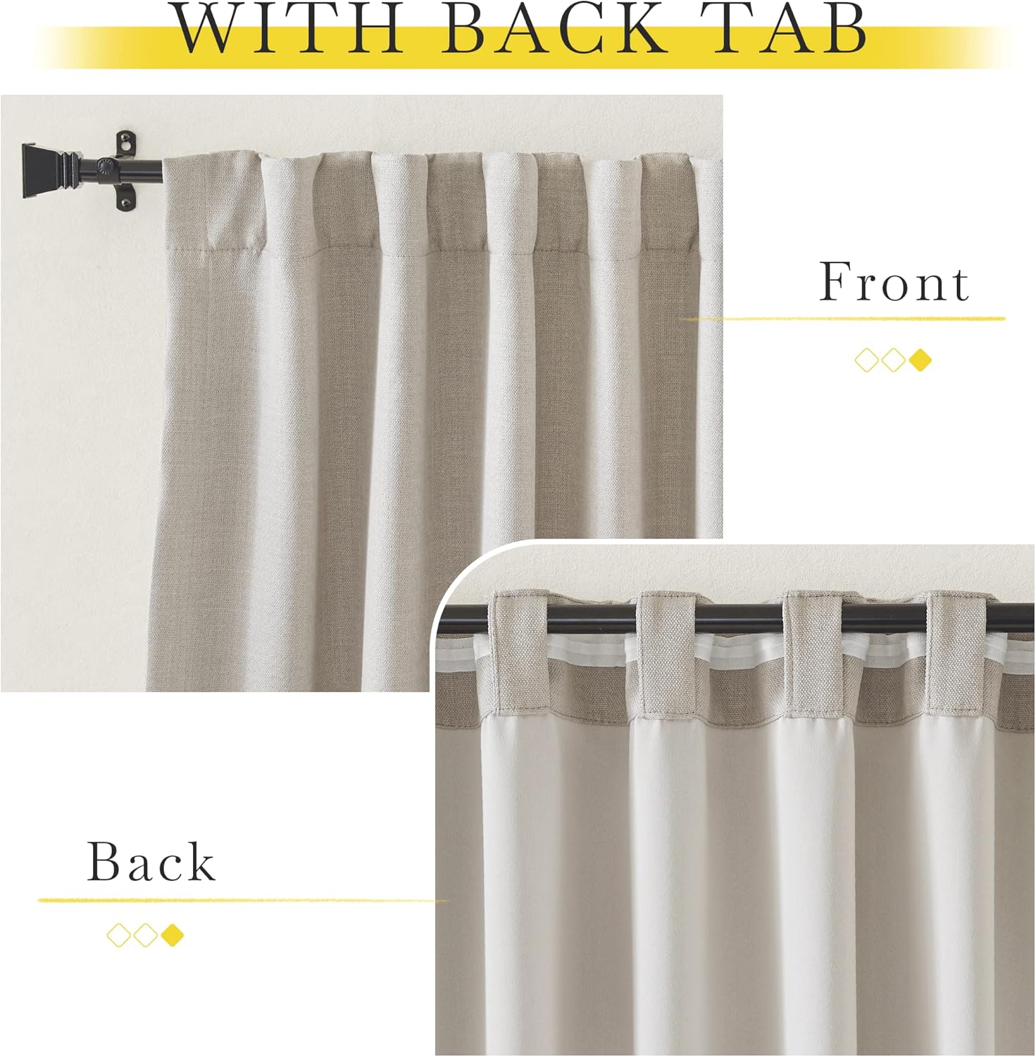 Textured oatmeal back tab curtains hanging on a dark rod, showing front pleats and hidden loops.