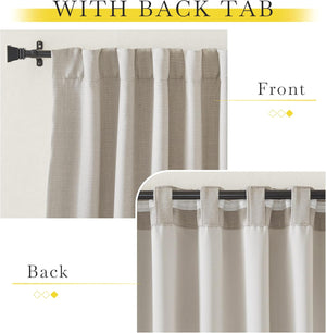 Textured oatmeal back tab curtains hanging on a dark rod, showing front pleats and hidden loops.