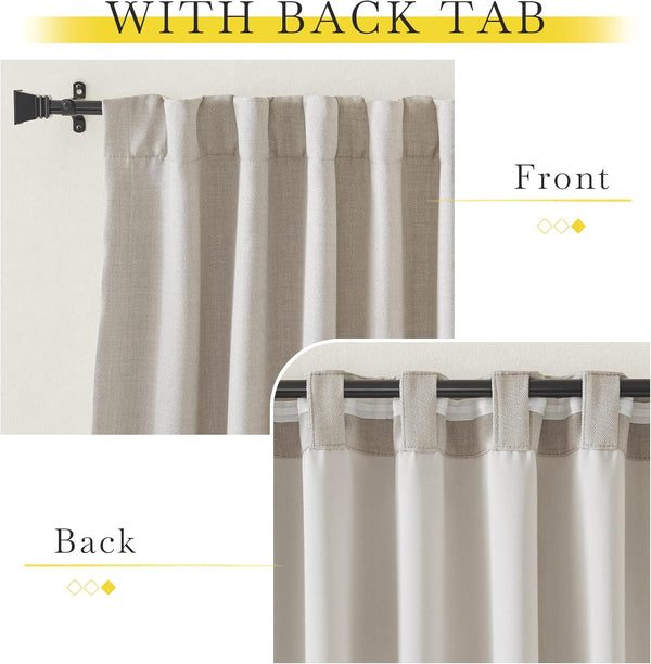 Textured oatmeal back tab curtains hanging on a dark rod, showing front pleats and hidden loops.