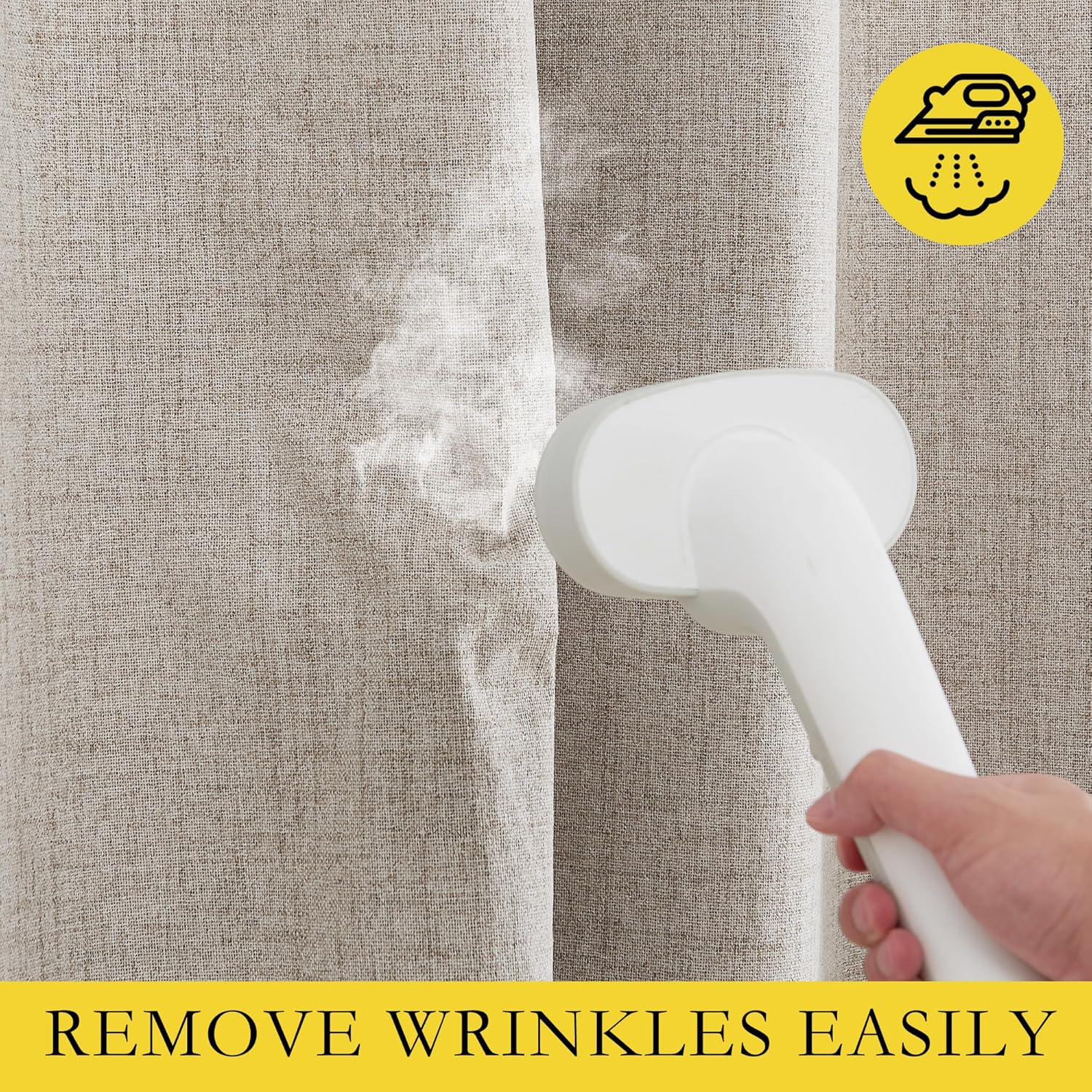 Close-up shows a white handheld steamer removing wrinkles from a textured oatmeal linen blend curtain.