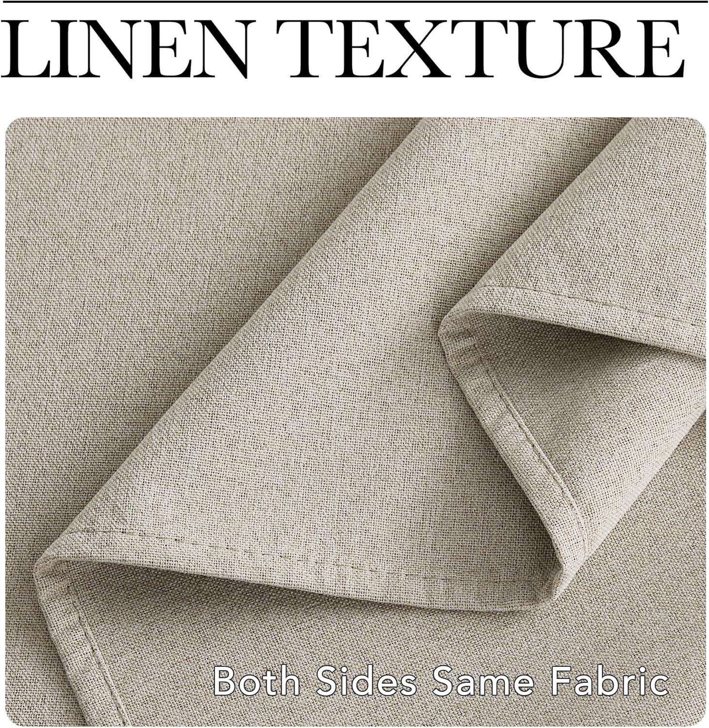 Close-up of oatmeal linen textured fabric swatch, folded to highlight its consistent appearance on both sides.