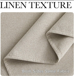 Close-up of oatmeal linen textured fabric swatch, folded to highlight its consistent appearance on both sides.