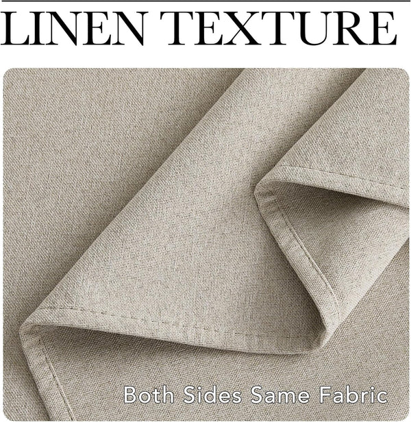 Close-up of oatmeal linen textured fabric swatch, folded to highlight its consistent appearance on both sides.