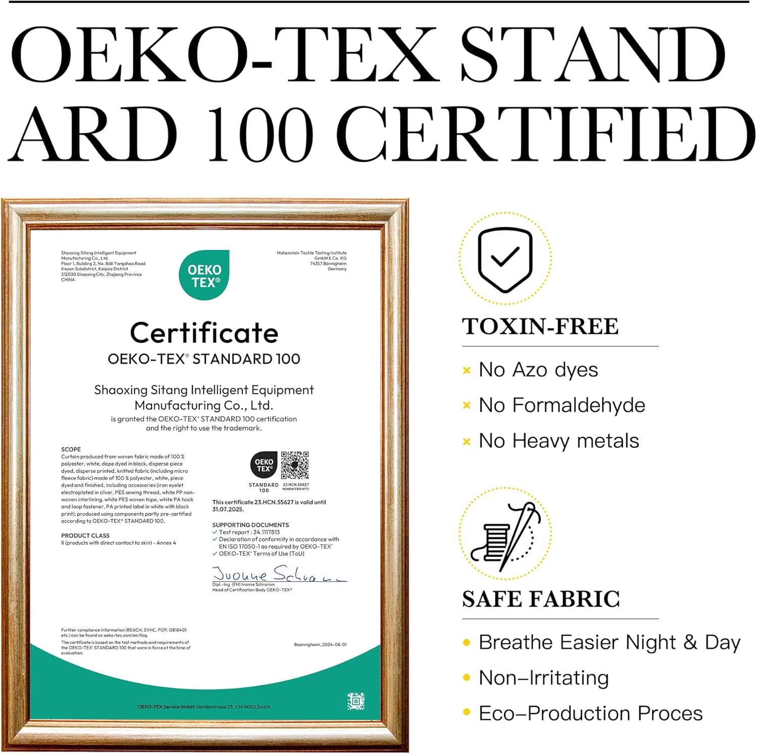 OEKO-TEX Standard 100 certificate framed, verifying toxin-free, non-irritating, eco-produced fabric for curtains.