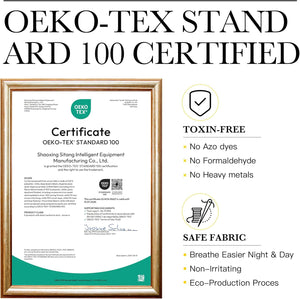 OEKO-TEX Standard 100 certificate framed, verifying toxin-free, non-irritating, eco-produced fabric for curtains.