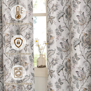 Off-white window curtains with muted grey, brown, and subtle pink botanical paisley pattern.