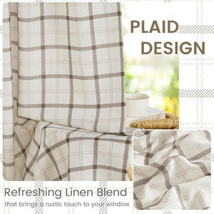 Off-white linen blend curtain with a rustic brown plaid pattern hanging by a window