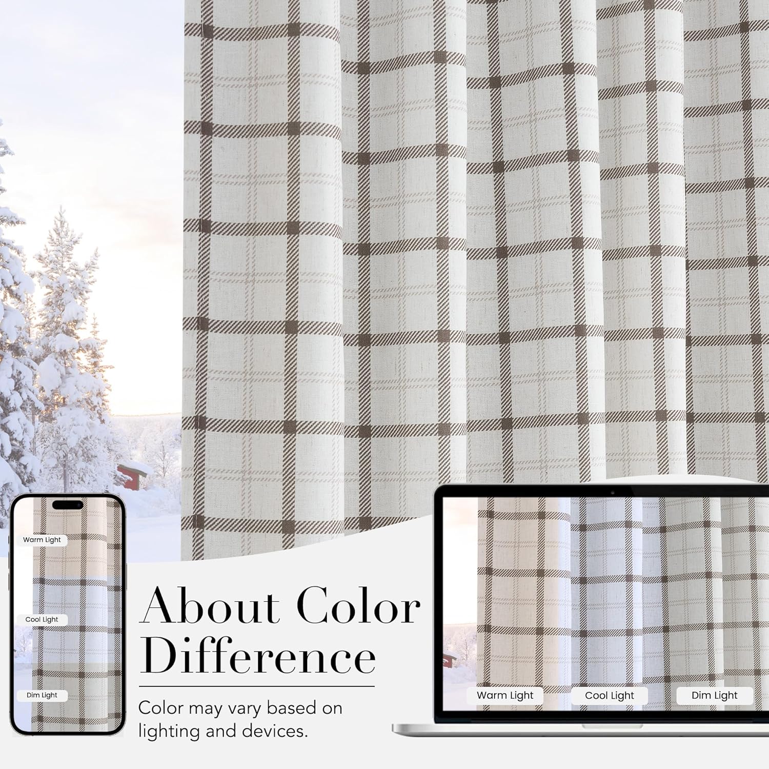 Close-up of an off-white curtain panel with a woven brown and light tan plaid pattern and textured fabric.
