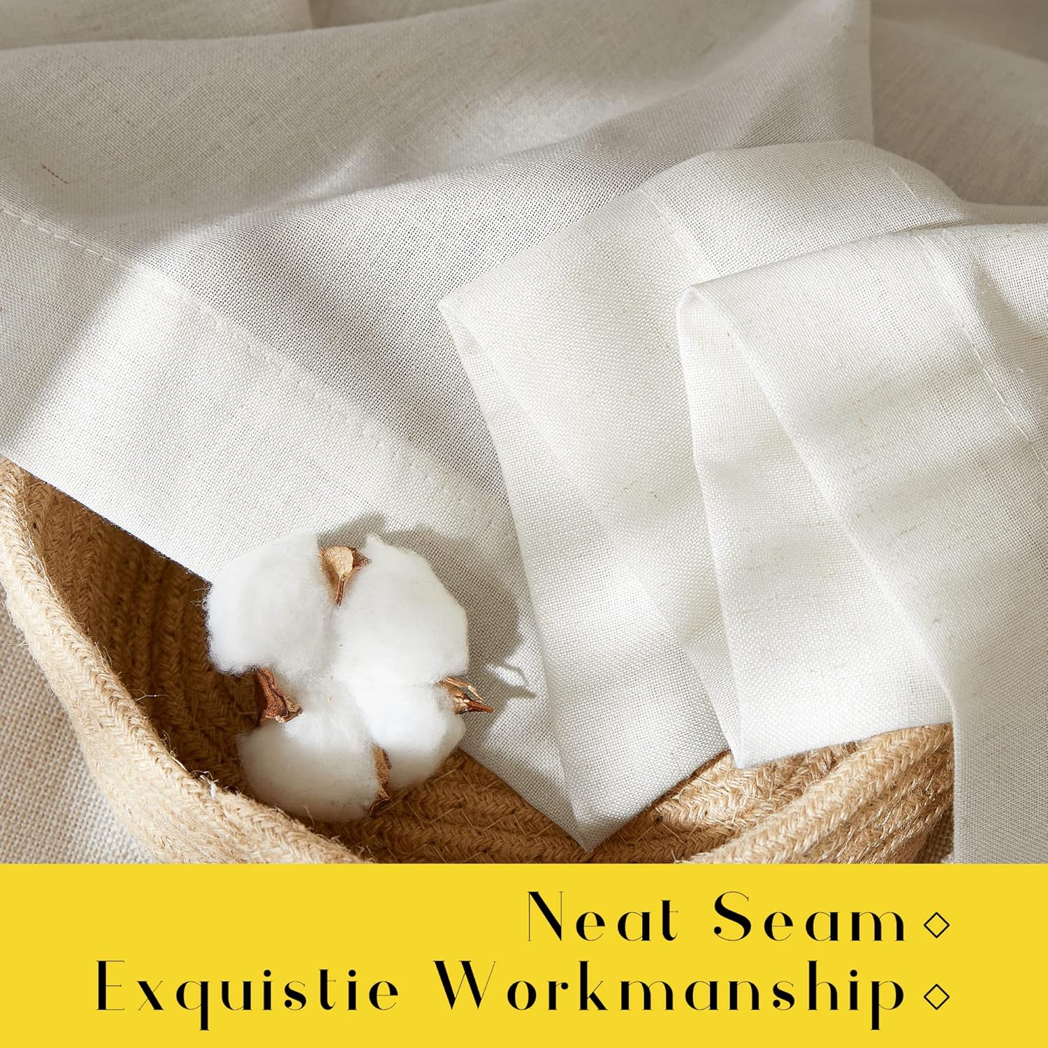 Draped off-white cotton linen fabric, visible weave, neat seam. A cotton boll emphasizes natural material.
