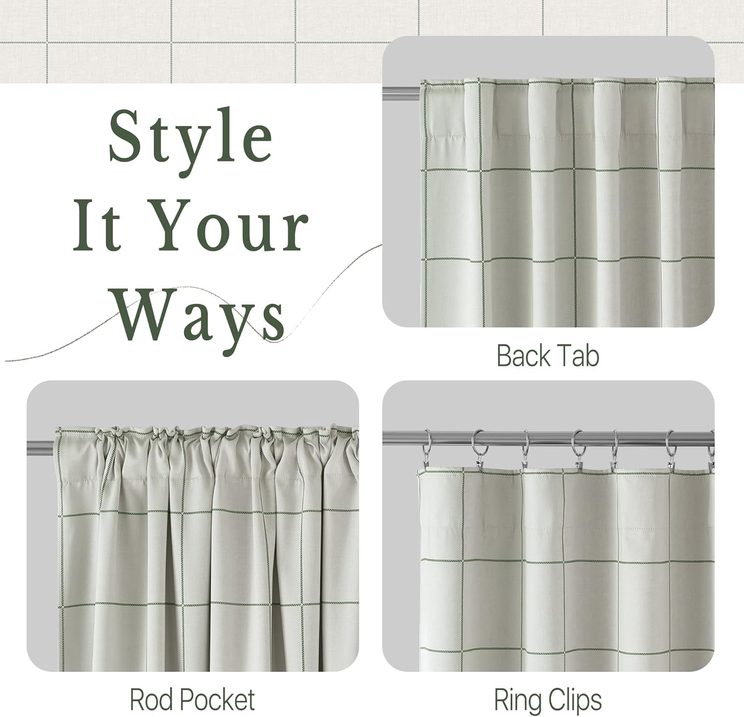 Off-white curtain with green grid pattern showcasing back tab, rod pocket, and ring clip hanging options.
