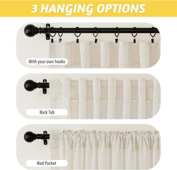 Off-white linen-look curtain panel showing clip hook, back tab, and rod pocket hanging options.