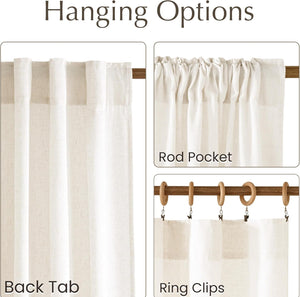 Close-up of off-white linen curtains showing back tab, rod pocket, and ring clip hanging styles.