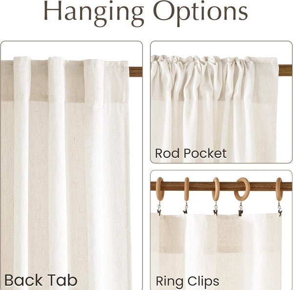 Close-up of off-white linen curtains showing back tab, rod pocket, and ring clip hanging styles.