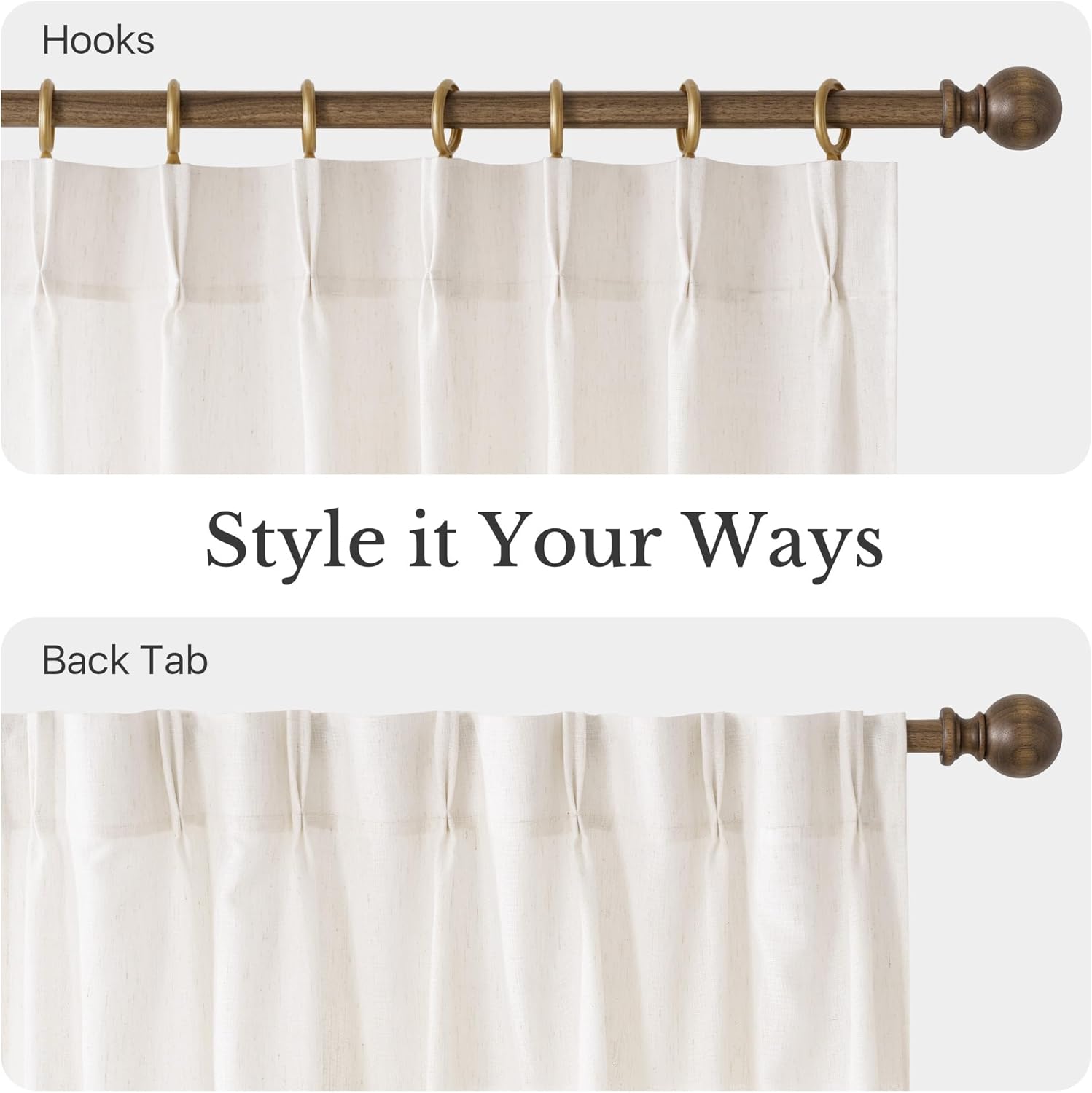 Cream linen curtains show hook hanging with brass rings on wood rod and back tab style.