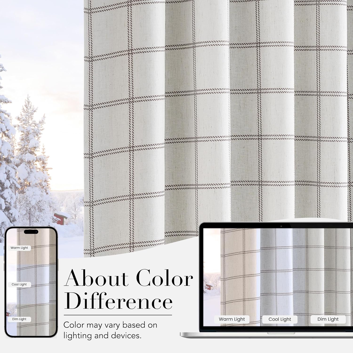 Off-white linen-look curtain with dark checkered pattern. Demonstrates color in warm, cool, dim light.