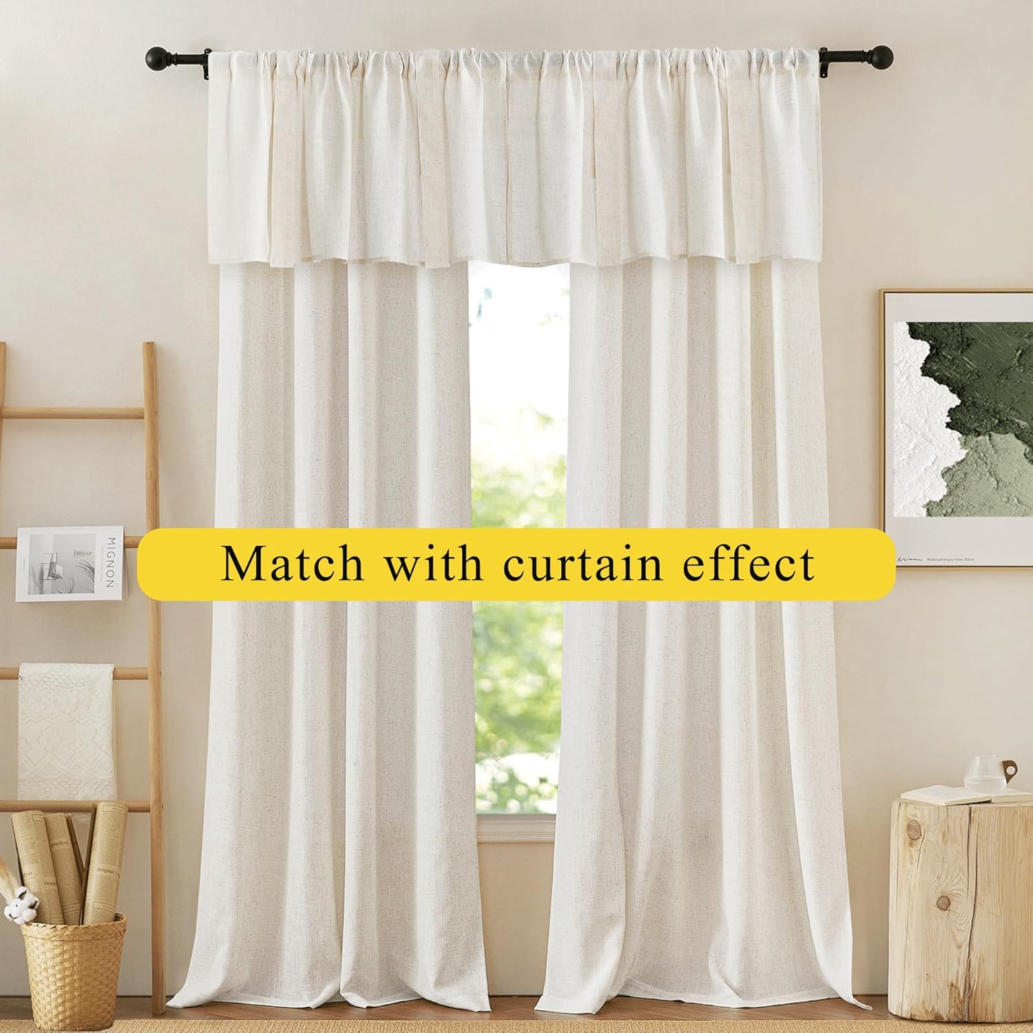 Off-white textured linen rod pocket curtains with a matching valance, filtering natural light.
