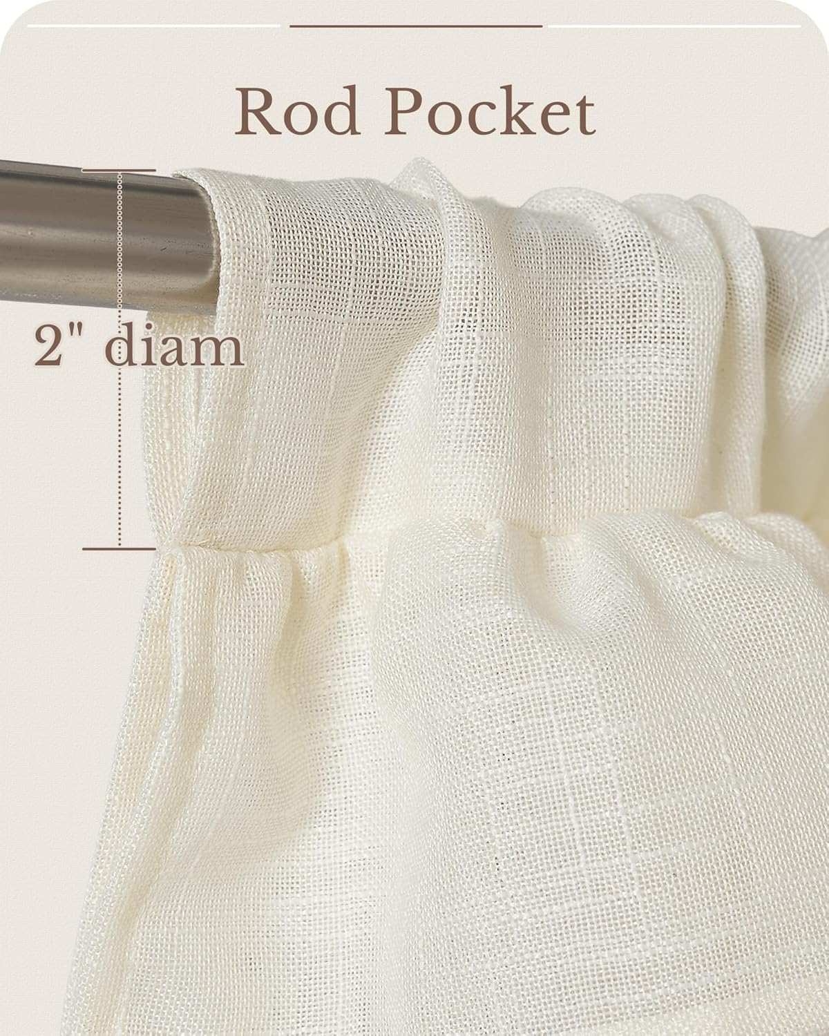 Close-up of off-white sheer linen curtain, showcasing its rod pocket design and textured fabric on a metal rod.