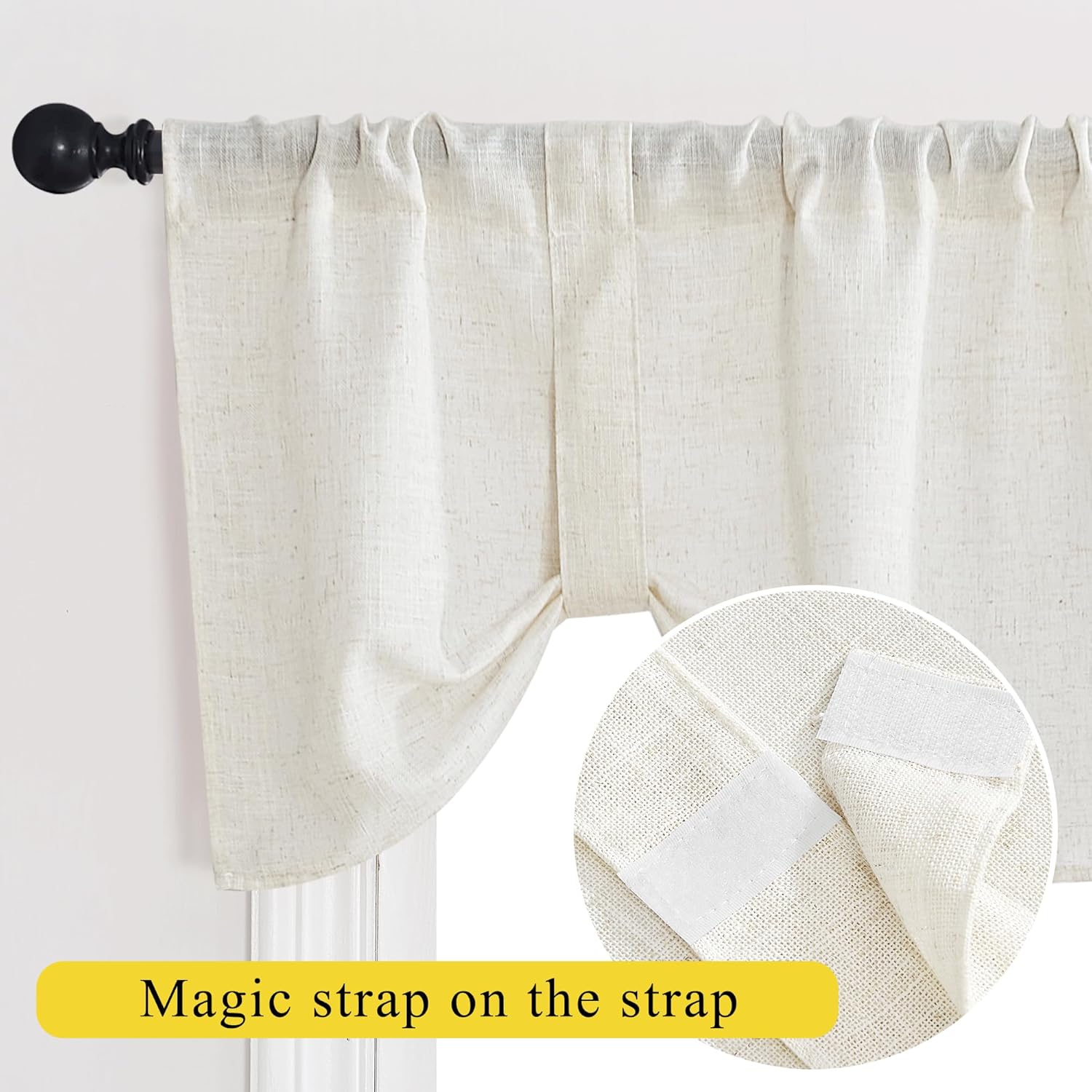 Off-white linen blend rod-pocket tie-up valance on black rod. Close-up shows hook and loop fastener.